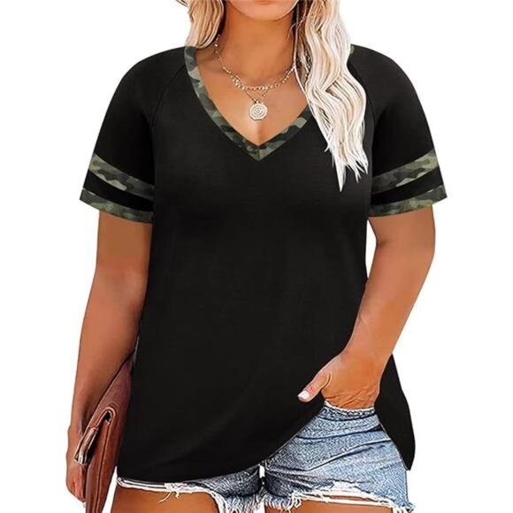 Plus Size Tops for Women Henley V Neck Short Sleeve Tunic Leopard Cheetah Color - Picture 6 of 6
